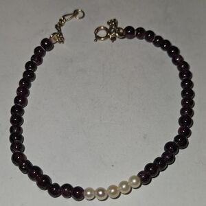 Vintage 14k Gold Garnet And Freshwater Pearl Beaded Bracelet 8 Inches Long